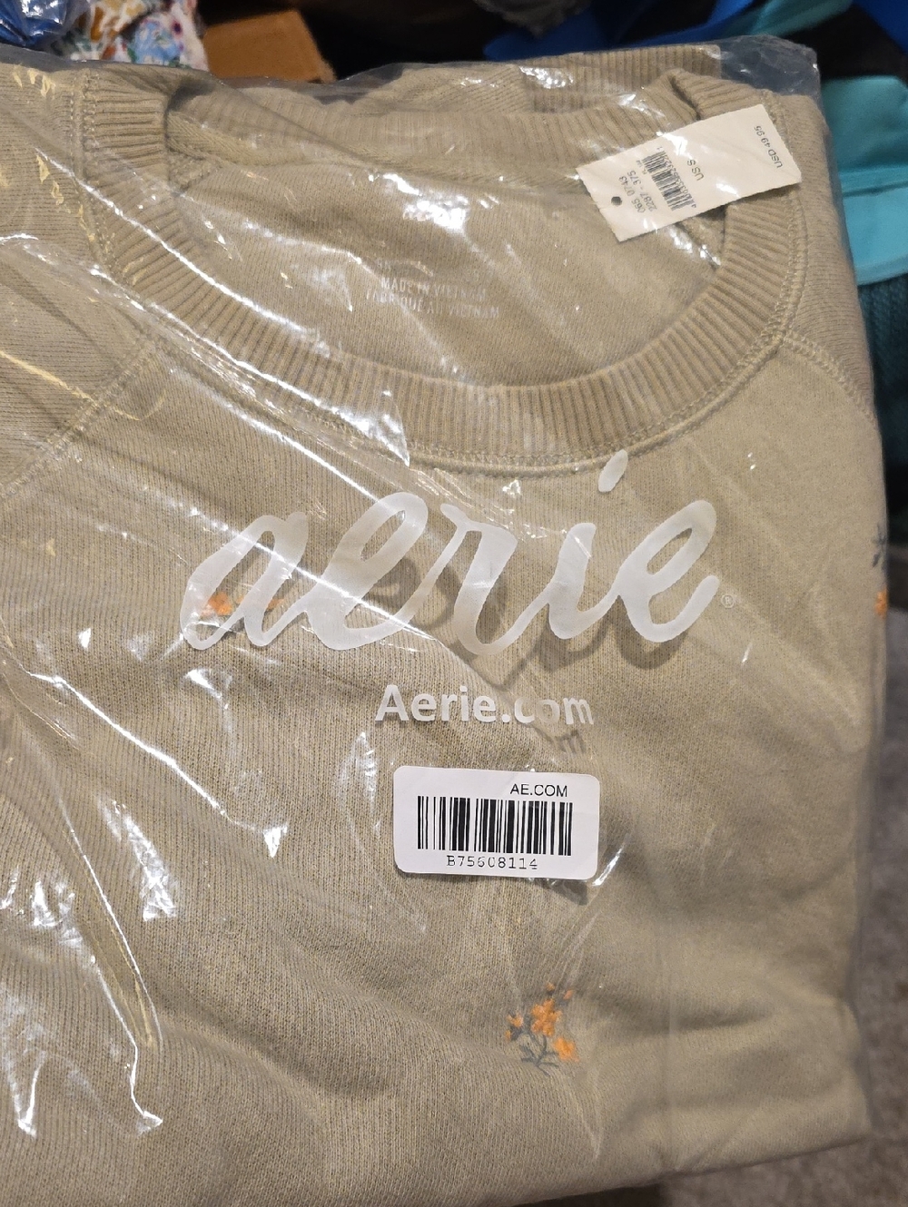 aerie Olive Crewneck Sweater with Small Orange Floral Embroidery